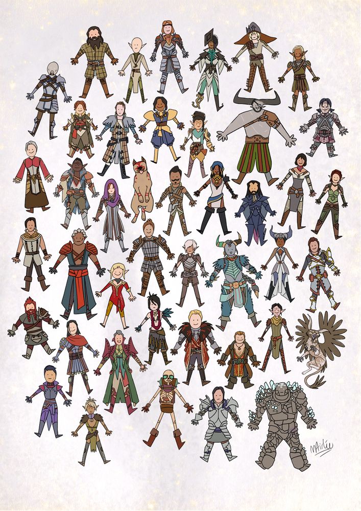 all companion characters, plus advisors and manfred and assan, from all dragon age games done in a silly simple style