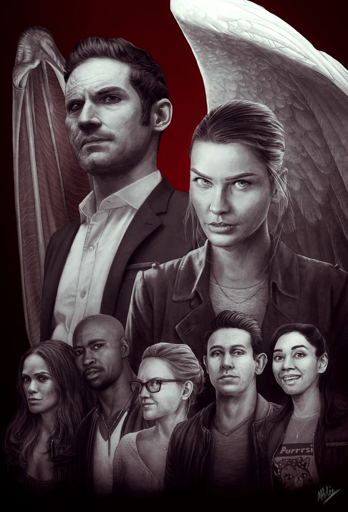 poster picture of the cast of lucifer; lucifer and chloe are larger portraits in the top two thirds of the picture, smaller portraits are along the bottom third of the rest of the cast: maze, amenadiel, linda, dan and ella