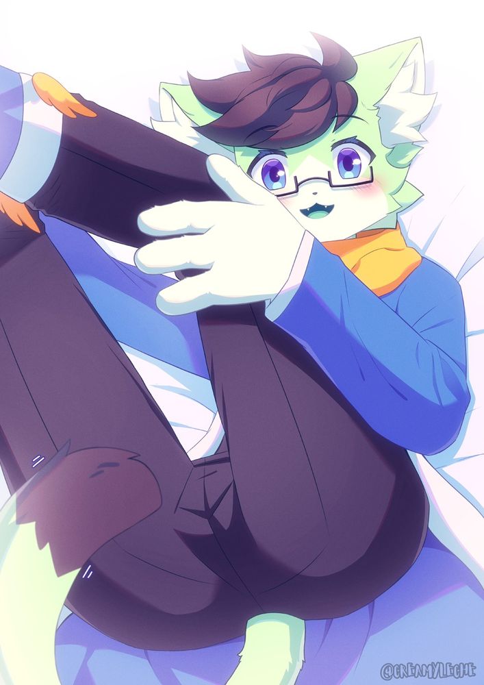 a green colored feline furry with clothes and legs up. he is looking at the viewer