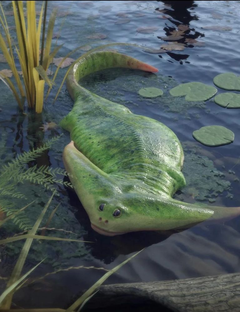 A photorealistic image of Diplocaulus. It is a green, triangle headed amphibian in a swamp of some kind