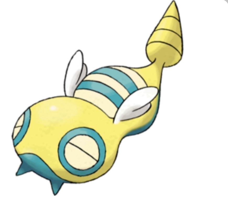 A picture of the pokemon Dunsparce on a white background. Jesus, this thing's weird. How do I describe it? Like a tsuchinoko, if you know what that looks like. Like a flat snake? Sort of a drill tail that looks like a buttplug.  Little white angel's wings for some reason. It's yellow, with a little spot of white and teal strips on it's back. Blue fangs. I mean, there's more, but just know it looks weird.
