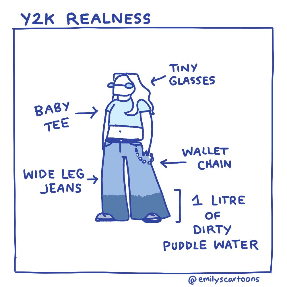 Y2K REALNESS
Tiny glasses
Baby Tee
Wallet Chain
Wide Leg Jeans
1 Litre of Dirty Puddle Water