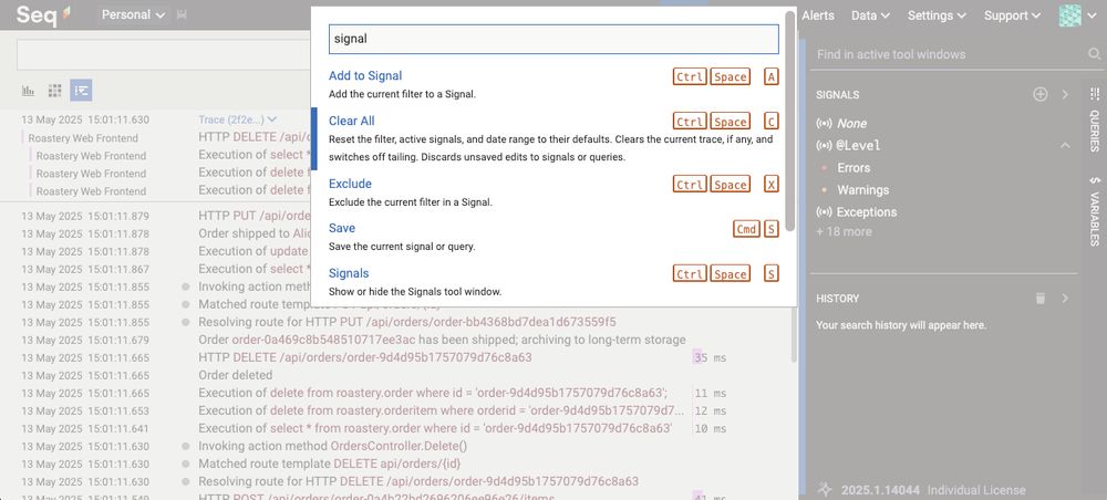The Seq Events screen, showing the command palette dialog as an overlay. The dialog comprises a search box and a list of matching commands. The search box has been filled with the word "signal", and the command list shows matches including "Add to Signal", "Clear All", "Exclude", "Save", and "Signals", each with help text. Beside the matching command names are the shortcut key sequences for each command, for example Add to Signal is Ctrl Space, A.