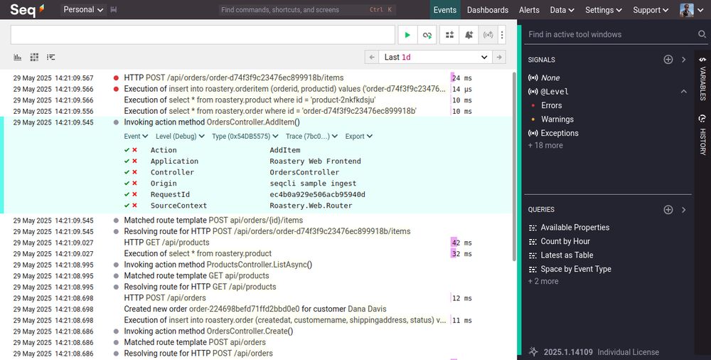 The Seq 2025.1 Events screen, in the "classic" light theme.