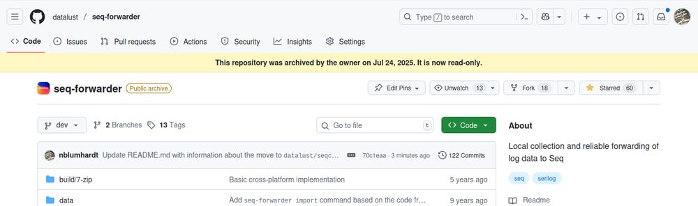 A screenshot of the archived datalust/seq-forwarder repository on GitHub.