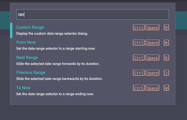 The Seq command palette, with "ran" typed in the filter box. The list shows the Custom Range, From Now, Next Range, Previous Range, and To Now shortcuts.