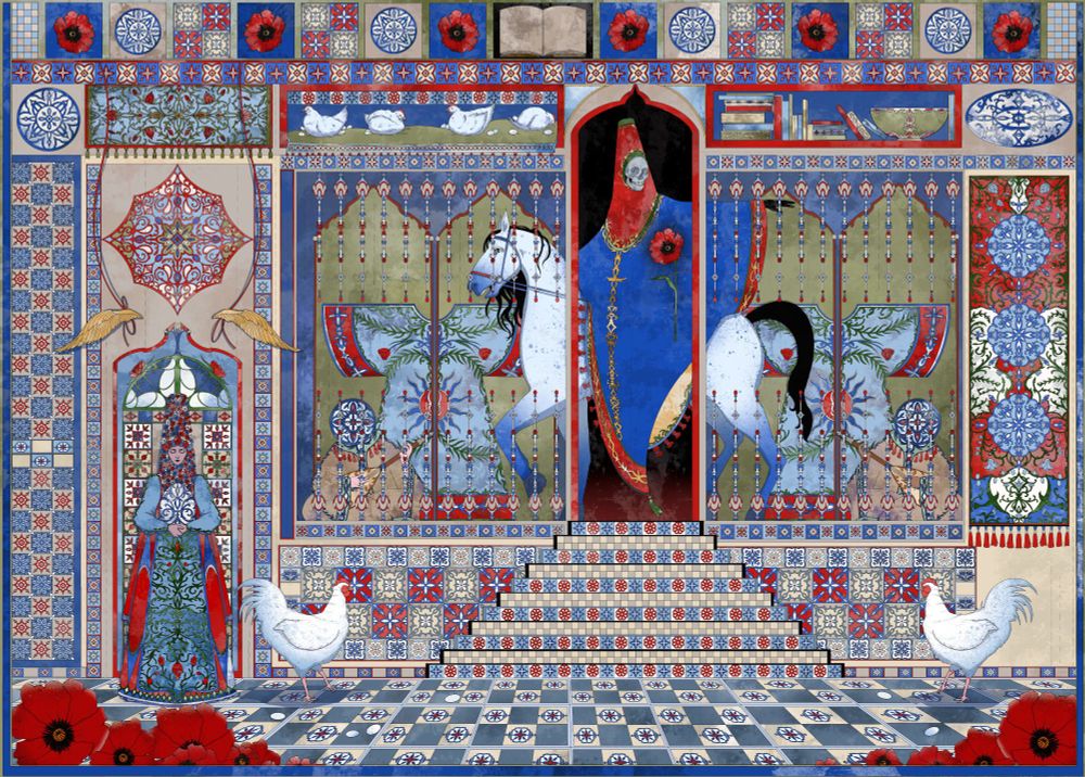 "Nuptial Rites". The illustration shows a wedding ceremony. There's a woman in the left side of the image. She wear a headpiece decorated with flowers and holds a large egg in her arms. There are stairs leading to an elevated stage with musicians playing lute on both sides of the stage. There's a skeleton in a festive clothes riding a white horse in the center of the image. There are festive robes behind them. The room is decorated with tiles and there are two roosters in front of the stage. There are some poppy flowers in the foreground. The artwork is colorful with much red, blue and beige. 
