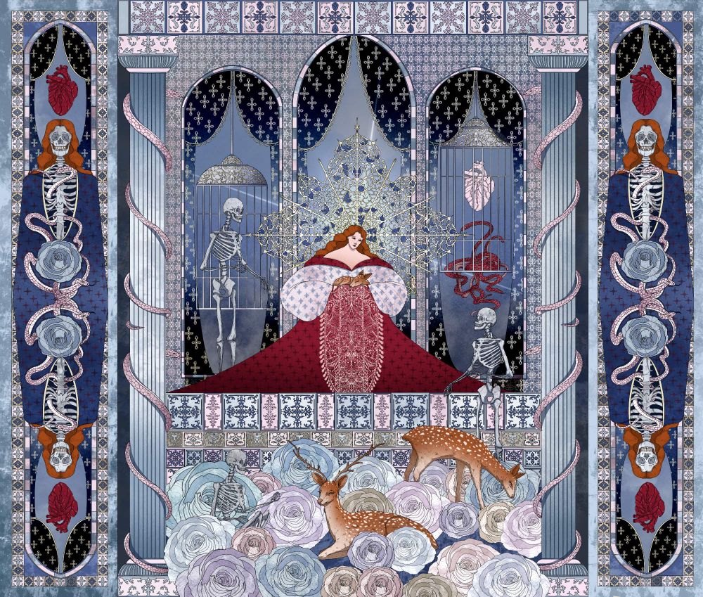 The image shows a room with a woman sitting in the center holding a sleeping fawn. The woman has ginger hair and wears a red and pink dress and has big decorated head piece around her head. There are arched windows behind her and two cages. One cage is empty and another one has red snakes and a pale pink heart inside. The heart is floating above the snakes. There are three skeletons in the image. Two are on both sides of the woman and one is sitting on the ground reaching towards a deer. The floor is covered with roses and there are two deer on the floor. There are long blue columns on both sides of the image with pink snakes curling around the columns. There are two large skeletons on  both sides of the image. They have the same hair as the woman and have snakes curling through their ribs. Red hearts float above them. The artwork is mostly blue and pink with some red accents. 