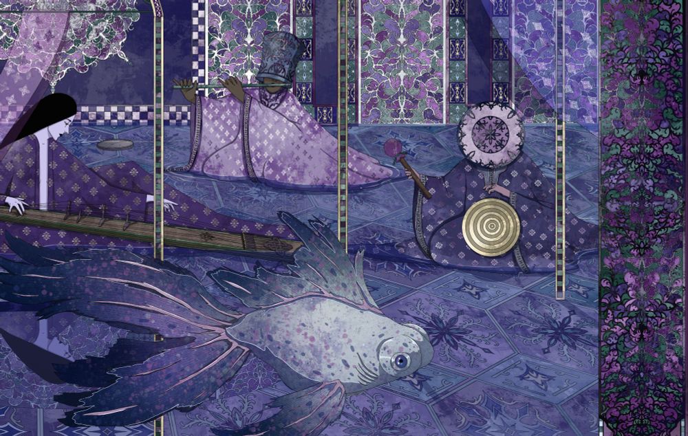 A close-up of the right side of the illustration with one goldfish floating above the water and three musicians behind it. 