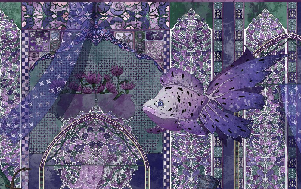 this image shows the goldfish that is close to the center of the image with arches decorated with stained glass and a big flower pot with cornflowers. 