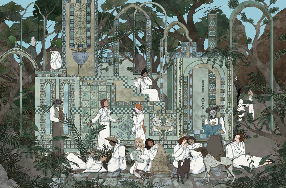The artwork shows a ruin with young women sitting and standing around it. There are two teachers among them. They are skeletons. One is holding a chihuahua and another one is reading a book. The young women participate in different activities such as reading books, drawing, sharing secrets with each other, playing flute and admiring the surroundings. There are two dogs in the foreground and a bird that one of the characters is drawing. There are trees in the background and some rock formations. Two young women are walking towards the rocks. The artwork is mostly green and brown with some white and light blue accents. 