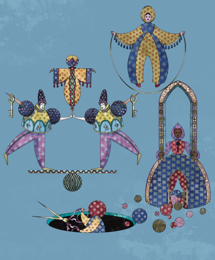 the image shows some characters from an illustration I am working on. Top right side shows a girl with a jump rope. She wear big round pants and an oval headpiece. There are twins standing on a board that is balanced by the ball underneath. The twins wear long hats, big shirts with locks and round sleeves and round pink pants. They balance by touching each other's hands. Their other hands are spikes holding large keys. There's a smaller character above them with a round headpiece and yellow dress. On the right side there's a woman in a round dress with an arch attached to the skirt. The skirt opens in the center and balls roll out from under the skirt. On the woman's left side there's a person peeking from a hole with large scissors. They wear a round red headpiece. 