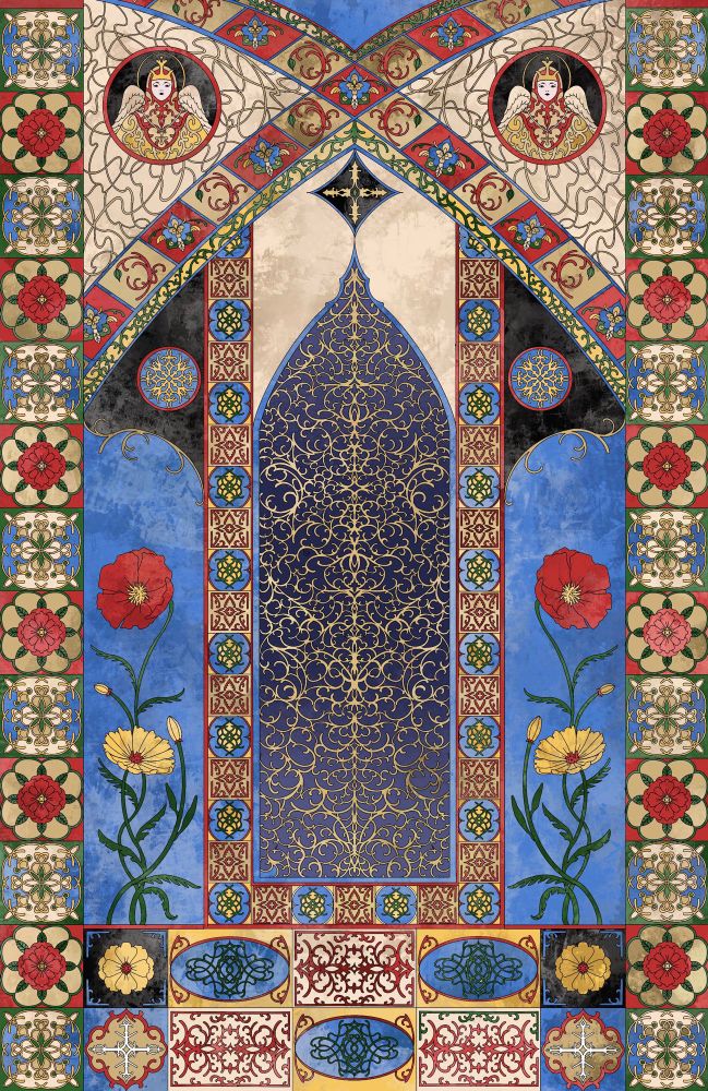 A wall decorated with tiles and a mural with red and yellow flowers. 
