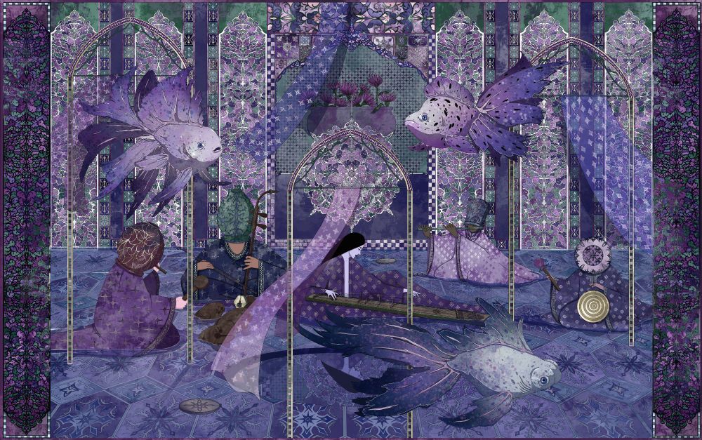 The artwork shows musicians sitting in shallow water in a purple room. First musician plays wooden drums, second one plays erhu, third one plays a flute, fourth one plays a gong. All background musicians wear either pots or plates on their heads. The woman in the center has black hair and plays an instrument inspired by Korean instrument called gayageum. There are three purple goldfish floating above the ground. The wall in the background is decorated with arches with stained glass and there's a big flower pot with purple cornflowers. The room also has some arches with silk fabric hanging on them. The artwork is purple with some green details. 