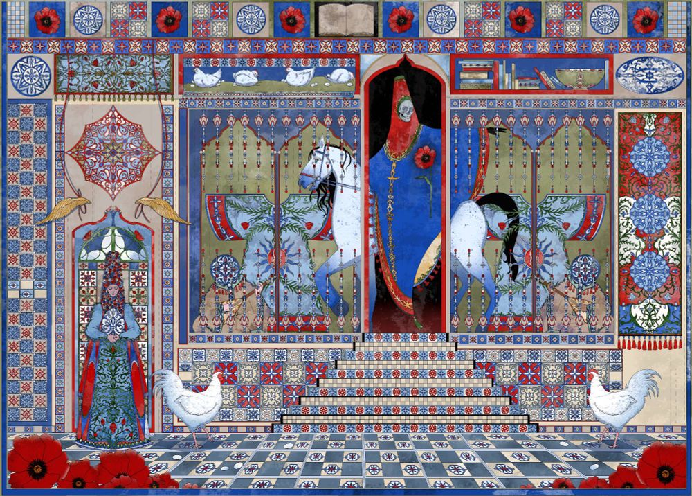 The illustration shows a wedding ceremony. There's a woman in the left side of the image. She wear a headpiece decorated with flowers and holds a large egg in her arms. There are stairs leading to an elevated stage with musicians playing lute on both sides of the stage. There's a skeleton in a festive clothes riding a white horse in the center of the image. There are festive robes behind them. The room is decorated with tiles and there are two roosters in front of the stage. There are some poppy flowers in the foreground. The artwork is colorful with much red, blue and beige. 