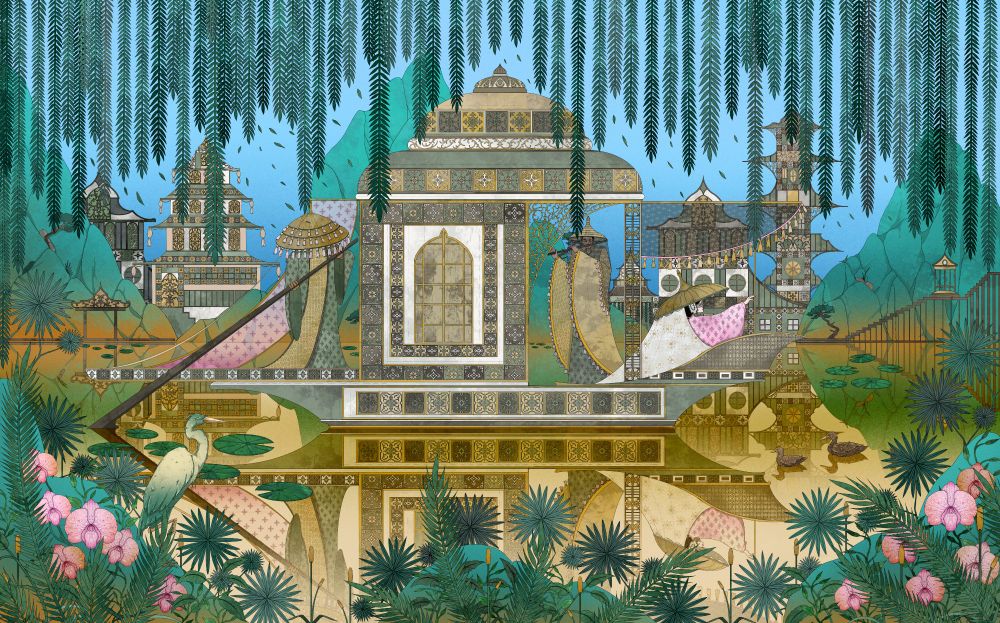 The artwork shows a boat with travelers passing through a town. There are three people on the boat. They wear large brown hats and long robes. There are some pagodas and buildings in the background behind green mountains. There are some hills with plants and large orchids. There's a green and white heron on the left side of the image and some ducks in the water on the right side of the image. The artwork is mostly green and brown with some pops of pink color. 