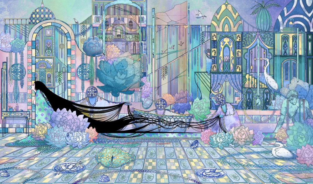 "The Dressing Room". The illustration shows a woman with long black hair sitting in front of the mirror. There are people behind her holding and brushing her hair. There are flowers around the woman and behind the wall in the middle ground. There's a statue of a man on the right and some flowers and herons near it. There are broken plates and vases in the foreground. There are eggs in some plates. In the background there are buildings that connect to each other. The artwork is mostly pastel with pinks, blues, turquoise and purples. 