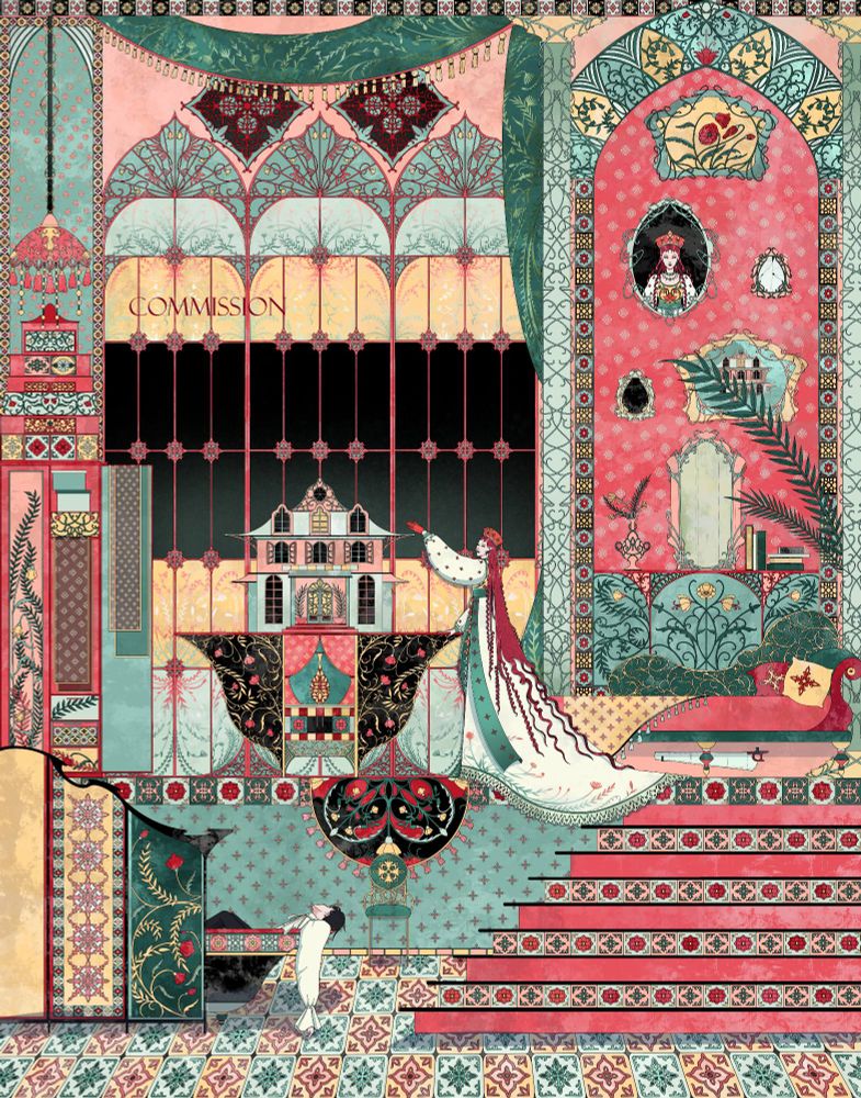 The image shows a room with tall windows and stairs leading to a bathroom below. There's a woman with red hair reaching towards a dollhouse. The woman is an original character of the commissioner. On the right side from the window there's a wall with decorated arch around it and some paintings hanging on the wall. On the first level there's a bathtub with a man laying in it. The bathtub is partially covered by a divider. The artwork is mostly pink and mint with lots of patterns. 