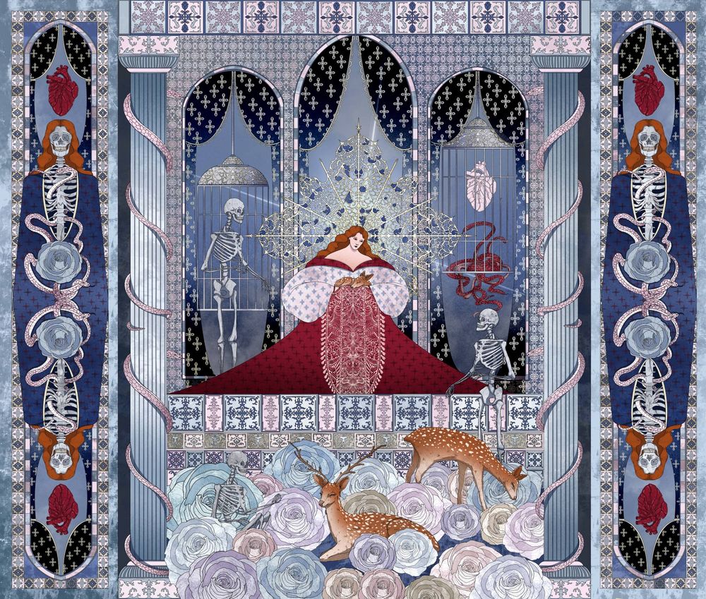 "Nurture"
The image shows a room with a woman sitting in the center holding a sleeping fawn. The woman has ginger hair and wears a red and pink dress and has big decorated head piece around her head. There are arched windows behind her and two cages. One cage is empty and another one has red snakes and a pale pink heart inside. The heart is floating above the snakes. There are three skeletons in the image. Two are on both sides of the woman and one is sitting on the ground reaching towards a deer. The floor is covered with roses and there are two deer on the floor. There are long blue columns on both sides of the image with pink snakes curling around the columns. There are two large skeletons on  both sides of the image. They have the same hair as the woman and have snakes curling through their ribs. Red hearts float above them. The artwork is mostly blue and pink with some red accents. 