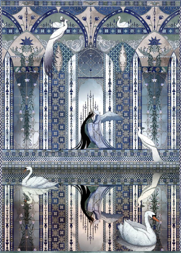 "Angel's Whisper". The image shows a room decorated with tiles and murals with a pool in the foreground. There's a queen sitting in on the throne in the center of the image. There's an angel standing next to her closely. There are two white peacocks in the room and two swans swimming in the pool. The artwork is mostly grey-blue. 
