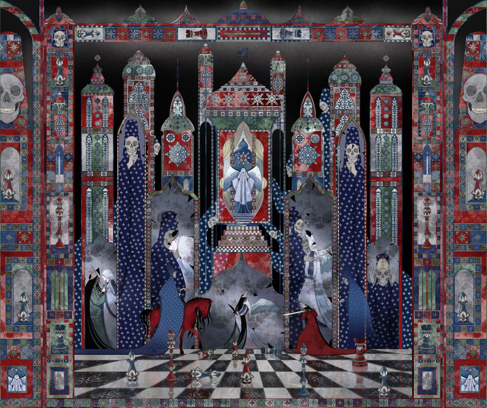 "The Duel"
The image shows a scene with bright towers, Jinn that looks like a skeleton, the Queen and the angel from my previous illustration "Angel's Whisper" and chessboard floor with chess piece on it. The story is about the Jinn who can duplicate themselves to play mind games with the Queen. There are mirrors in the middle ground showing intrusive thoughts to hurt the Queen. One image shows the angel stabbing the Queen, second one shows the Jinn kissing the angel, another image shows the angel become a skeleton and the last image shows the Jinn try on Queen's crown. The Queen and the Jinn in their material form are facing each other. The Queen is holding a sword and the Jinn is riding a bright red horse. The floor looks like chessboard with red and blue chess pieces. The artwork has a frame stylized in a similar way as the towers in the background. The artwork is mostly dark with green, blue and red accents. 