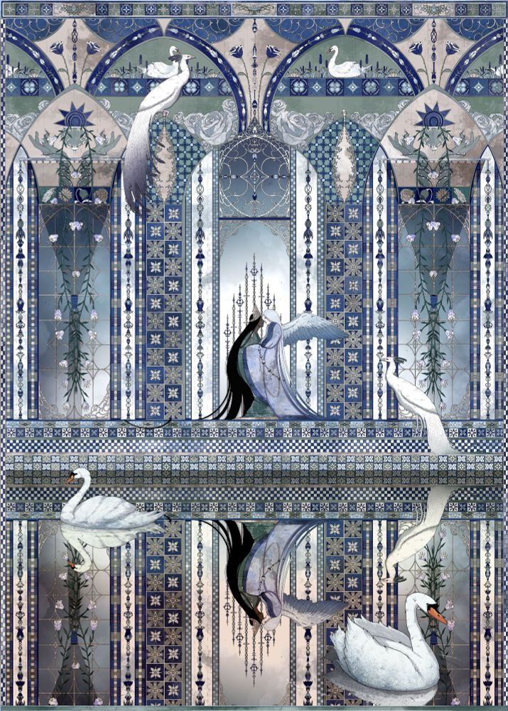 "Angel's Whisper". 
The image shows a room decorated with tiles and murals with a pool in the foreground. There's a queen sitting in on the throne in the center of the image. There's an angel standing next to her closely. There are two white peacocks in the room and two swans swimming in the pool. The artwork is mostly grey-blue. 