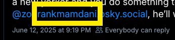 screenshot shows zohrankmamdani.bsky.social with a yellow box around rank mamdani