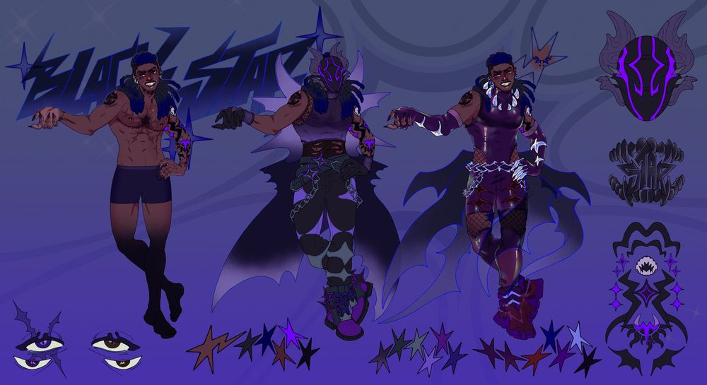 Body & Outfit Reference for OC/Vtuber, Black Star (he/him.) 

Full Reference Sheet for Black Star: the first fullbody is Star in his underwear—he has his sides of his head shaved, has black hair that has violet gradients near his hairline and at the ends of his locks. He has a scar on his right eye and piercings on both ears. He has top surgery scars and on top of that has a large star shaped scar (with a black discoloration at the center of his chest.) He has a tattoo on his right shoulder  (fangs + STAR in the middle) and then a full sleeve tattoo on his left shoulder. His legs fade into a black discoloration.

The other two fullbodies are the main outfit (the middle figure) and alternate outfit (third figure).

The sheet also has extras such as: Black Star Logo, Eyes Keypoint, Helmet, Tattoo Close Ups.