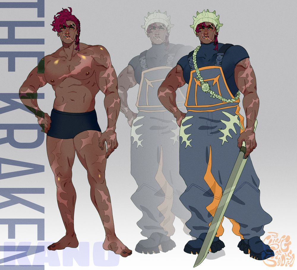 Body & Outfit Reference Sheet for my (KingOfSadism's) OC, Kano (he/him).

On the left is him in his underwear, has a beefy-build. He has dark skin with large scars all over his body, with burgundy mid length hair—half of his hair is pulled into 3 small fisherman's braids on the left (viewer's right) side of his head. He has two large scars that go across his face, one that is from the left underside of his chin, diagonally across his mouth towards his right eye and another scar that starts at his left temple and goes across his left eyebrow. His left here is bitten off, with a fishing hook piercing at the top of it. He has orange eyes with square pupils (like an octopus.) Has sharp teeth.

On the right, he's clothed in his default outfit that's technically skin. He wears a fisherman's jumper that's a dull blue-gray color, with orange accents. He wears a beanie that resembles a spiny shell. Wears a holder that's braided and has a shell at the center. In his left hand he wields an elongated sashimi sword (knife). 

On the left hand side, the text reads THE KRAKEN.