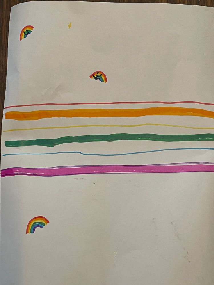 Child’s drawing of rainbow stripes on a white background, with three small happy smiling rainbows scattered around. This is the child-wolf you want, but that only shows up in glimpses. 