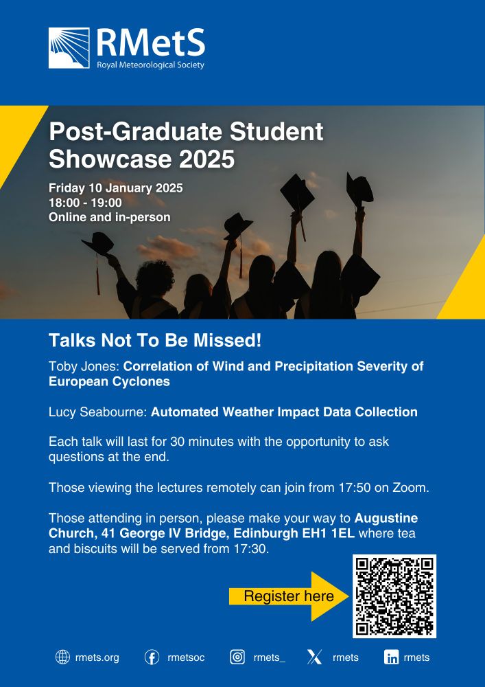 Poster advertising Toby Jones's 10th January talk "Correlation of Wind and Precipitation Severity of European Cyclones".