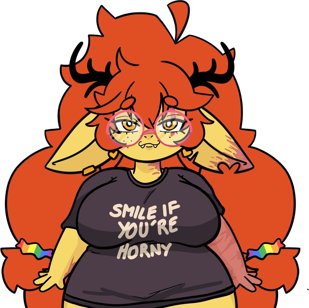 Shortstack goblin with a shirt that says: smile if you're horny