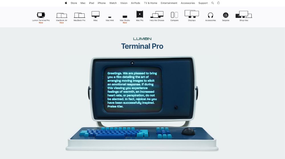 Apple's Mac site showing a retro style computer from the TV show severance, presented as if it was a current Mac for sale. The model is called the Lumon Terminal Pro named after the Lumon company in the show Severance.