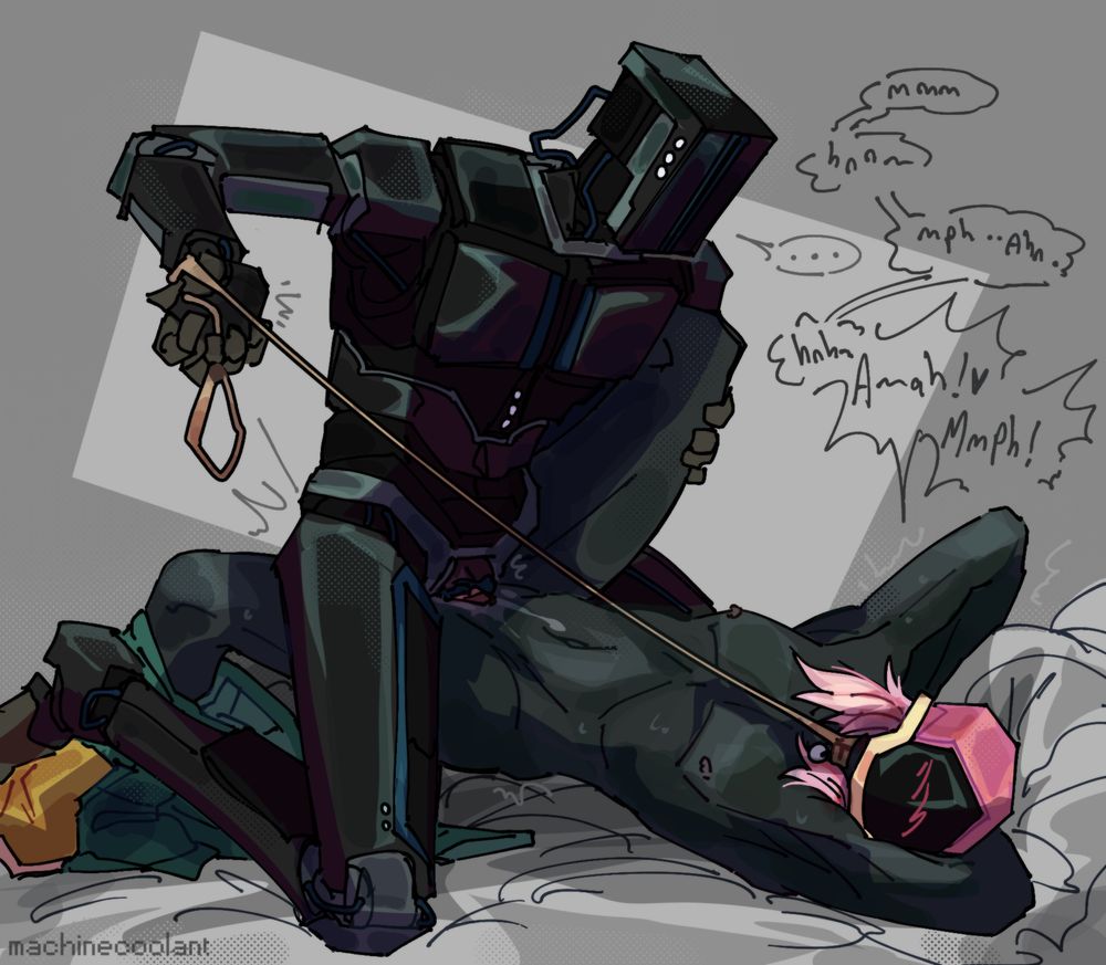 deep blue (he/it), a large humanoid robot with black plating, on top of shion (they/them), a slate-grey skinned skinny person with light pink hair under a pink motorcycle-type helmet. they're scissoring on a bed, and deep blue is holding a leash attached to shion's neck. shion is making loud noises as db grinds into them silently