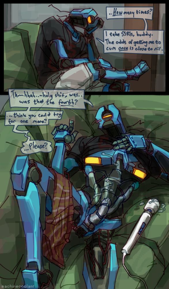 mirage ultrakill instant loss 2koma, depicting her in the first panel sitting on a couch saying "how many times? I take SSRIs, buddy. the odds of getting me to cum once is close to nil." 
the second panel depicts her lying on the couch from a high angle, clothes askew and looking at the camera. her chest and cock are covered in cum, and a hitachi wand sits next to her. she says "that-- holy shit, was that the fourth? ...think you could try for one more? ...please?"