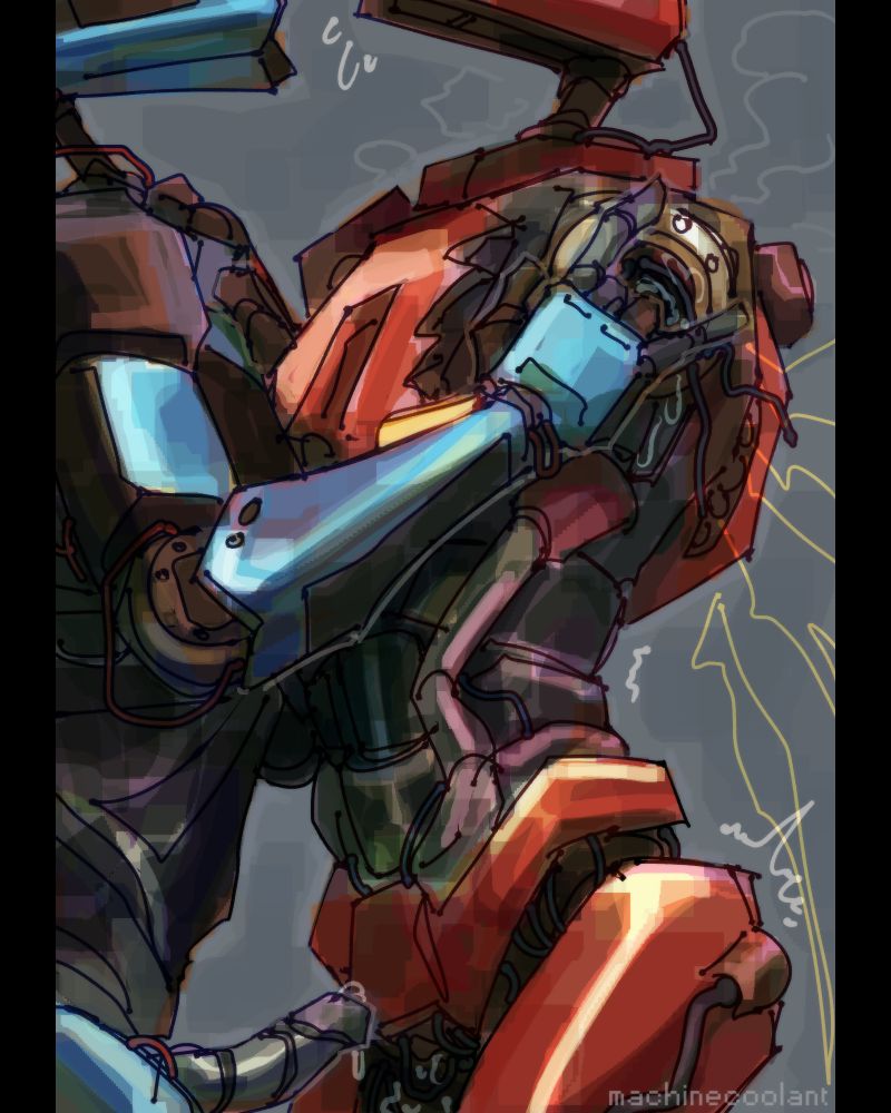 drawing of mirage and v2 from ultrakill, cropped above the hips and below the head. mirage is fingering v2's exposed arm socket, and v2 is shivering in pleasure.