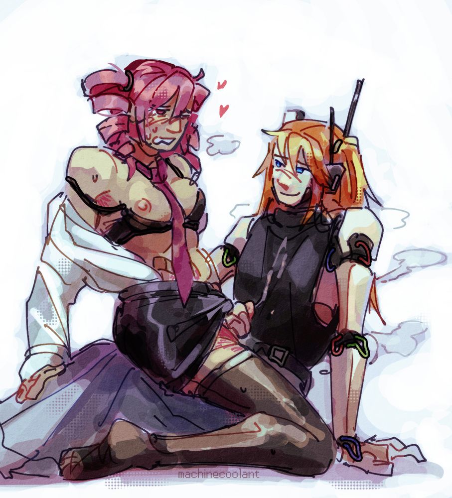 kasane teto sitting on adachi rei's lap half-clothed, with her dick in rei's hand