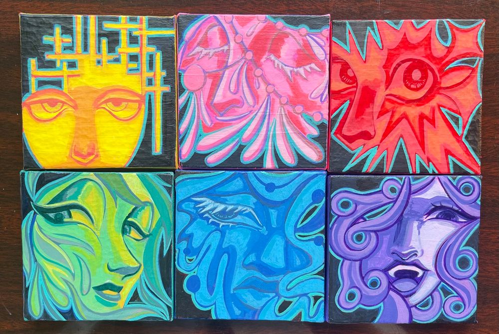 Faces on tiny canvases. yellow, pink, red, green, blue, and purple color palettes 