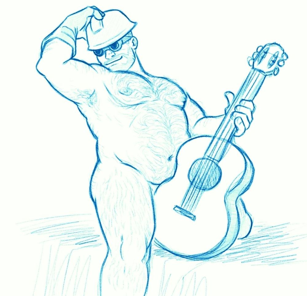 a clean sketch of the engineer from team fortress 2, a muscular fat man with body hair. he is naked aside from his goggles + helmet and right hand glove. his left leg is kneeling on a nondescript platform, the other leg extended downwards next to the same platform. his right arm is raised, gloved hand on his helmet as if he were tipping it, and with his left hand hes holding a guitar, which is positioned so that it covers most of his left leg, some of his stomach and his genitals.