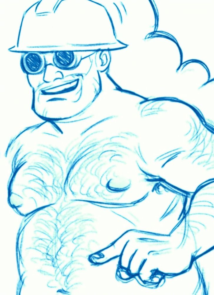 a doodle of the engineer from tf2, shirtless. 