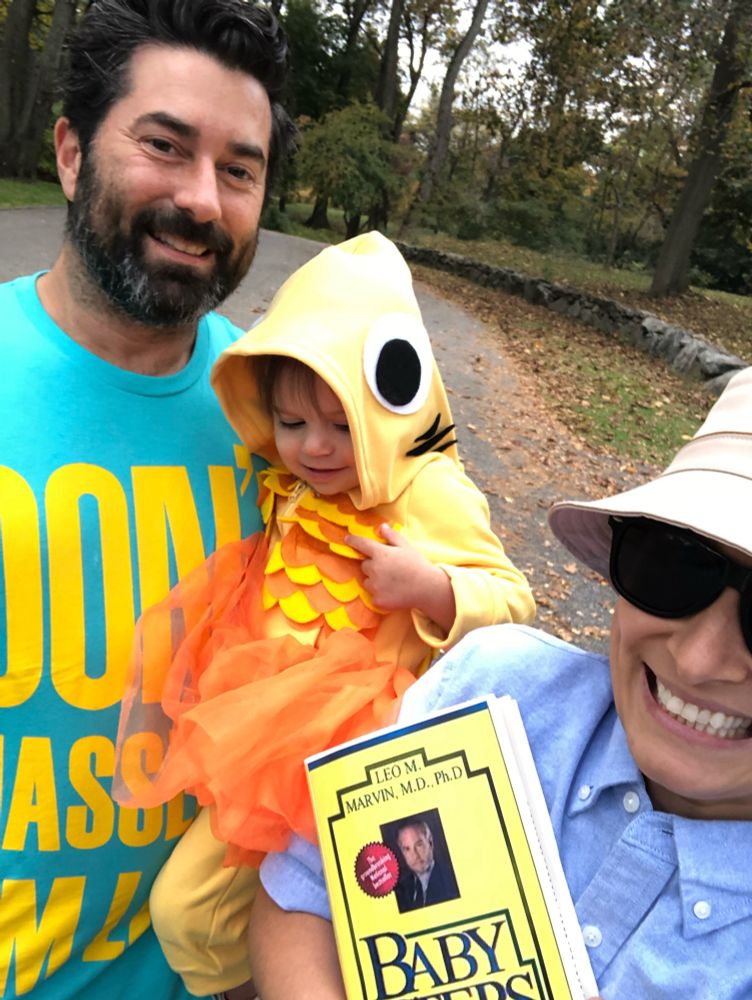People in costume as Dr. Leo Marvin, Bob, and a goldfish from the movie "What About Bob?"
