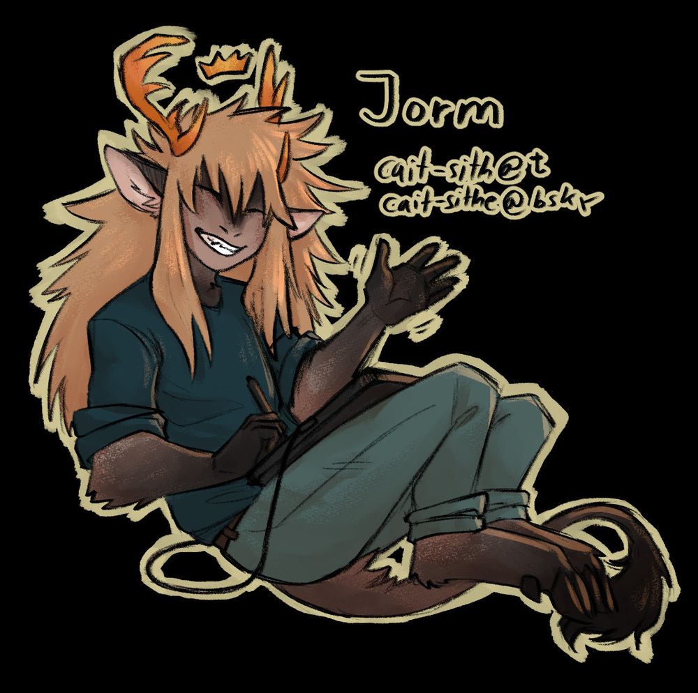 A drawing of a person with deer antlers waving at the viewer and a drawing tablet on their knees. The name Jorm written out beside them and below it, the text reads "cait-sith@t" and "cait-sithe@bsky".