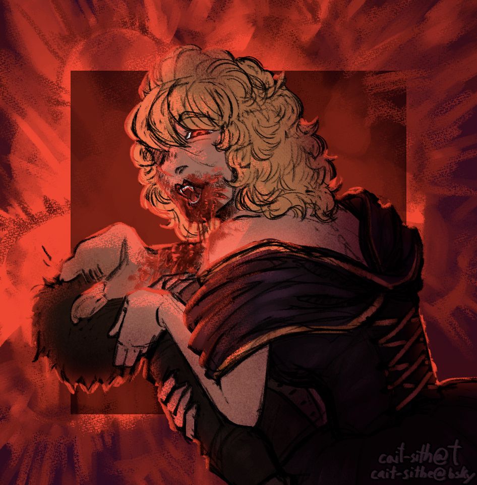 A digital drawing of two people. The woman is a vampire and is holding the man in an embrace. Her mouth is covered in blood, as is the neck of the man. They are both dressed in formal wear. The vampire is looking at the viewer. The background consists of a blood-like pattern.