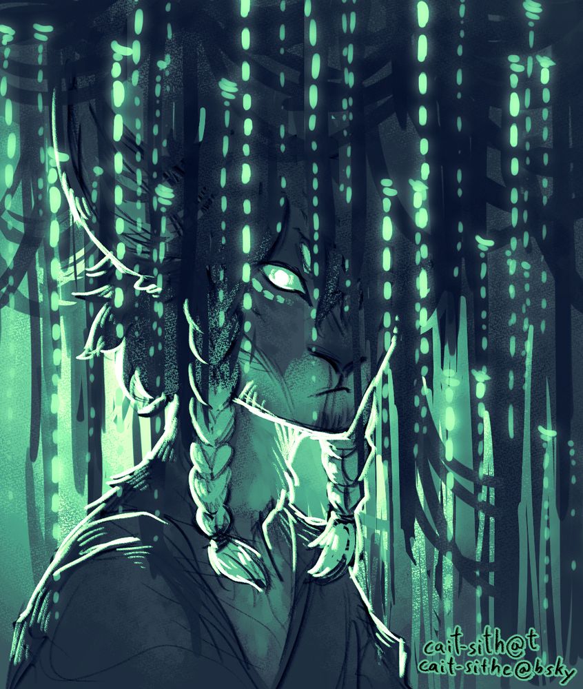 A greenscale drawing of a rabbit anthro lit from behind and partially obscured by plant life.