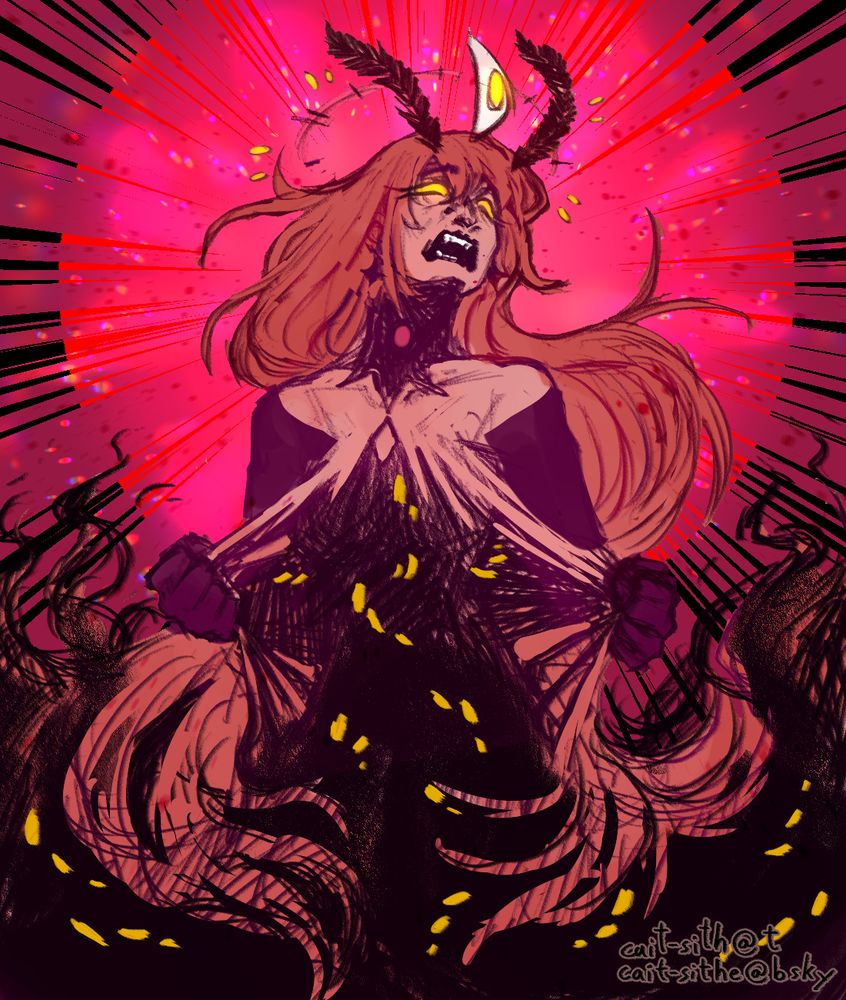 A pink-scale drawing of a haloed woman tearing her body open from the chest down, revealing a mass of black underneath studded with eyes. 