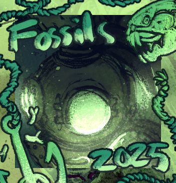 A digital drawing of an icon. Central is a diving helmet surrounded by drawings of an anchor and a Dunkleosteus skull. The text reads: "Fossils 2025".