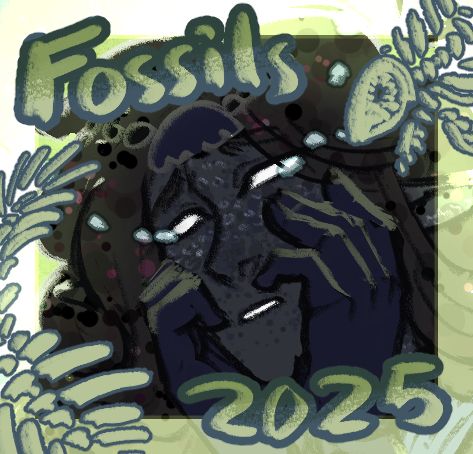 A digital drawing of a face held in hands. She is crying and looking morose. There are fish skeletons bordering the image. The text reads "Fossils 2025".