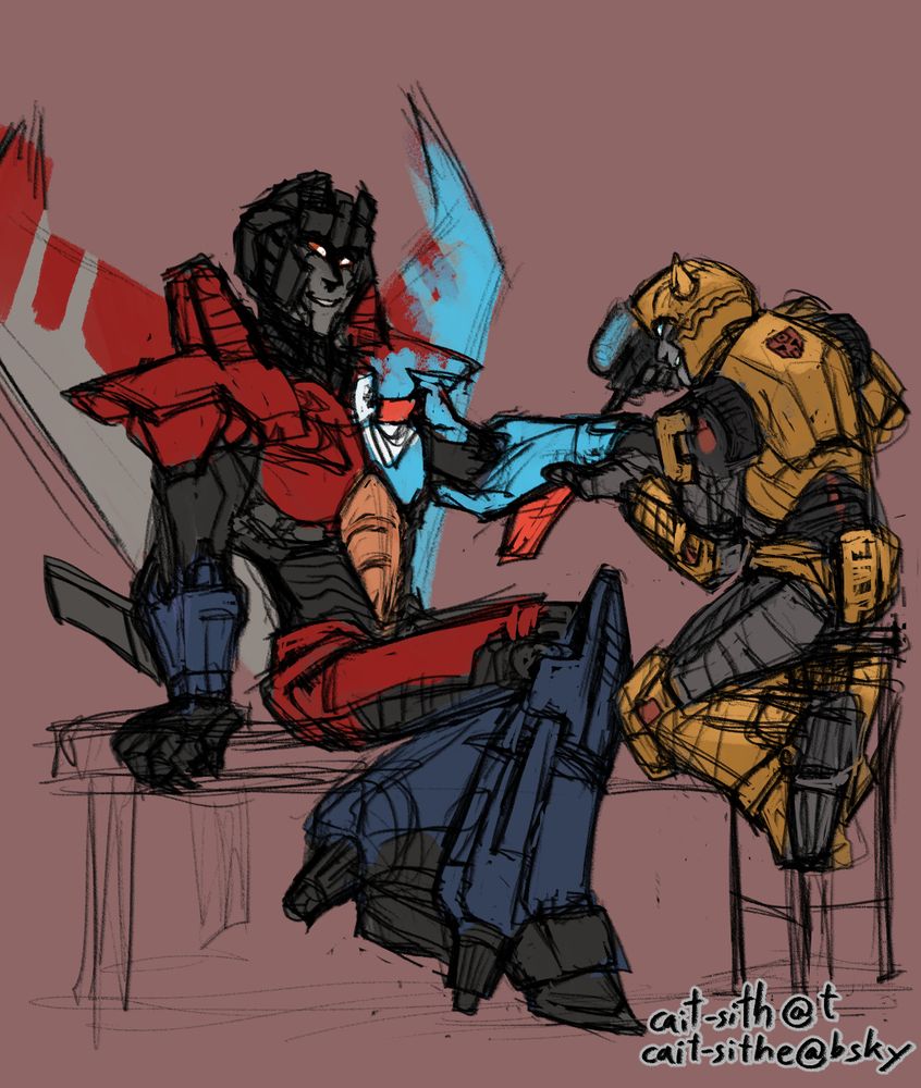 A drawing of the Transformers characters Starscream and Bumblebee. Starscream is red and black and sitting on a bench with parts of him painted in blue. Bumblebee is yellow and black and holding a paint spray gun which he is applying to Starscream's arm. Both are smiling. The text in the corner reads: cait-sith @ tumblr and cait-sithe @ bluesky.