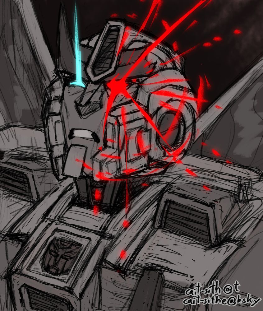 A monochrome drawing of Prowl from Transformers. He is looking up with a frown, one eye glowing blue, the other shattering in red.