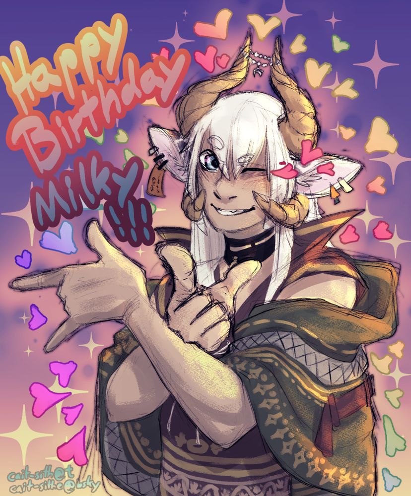 A digital drawing of a person with cow features doing the sailor moon pose and surrounded by hearts. The text reads 'Happy Birthday milky !!!'.